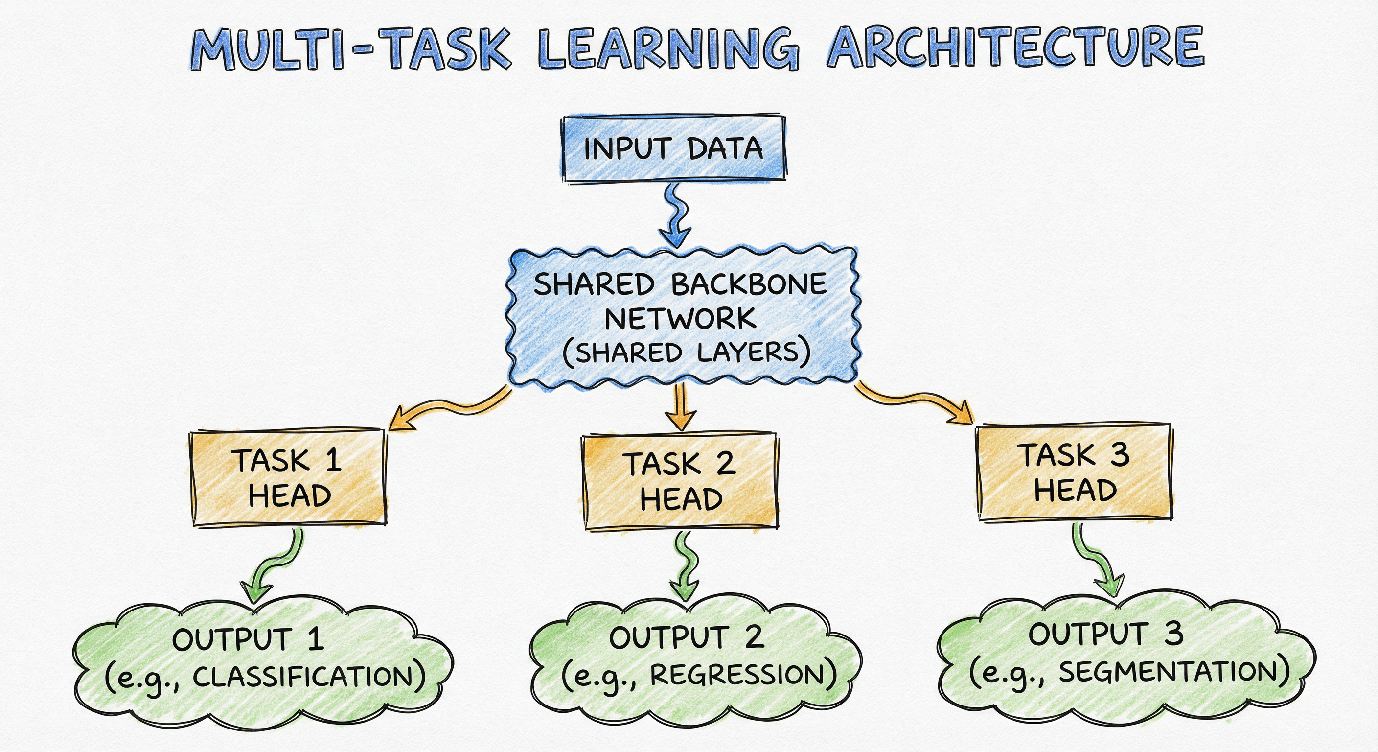 Multi-Task Learning in ML Systems Architecture — The diagram shows two architecture variants side by side. On the left, hard parameter sharing: an...