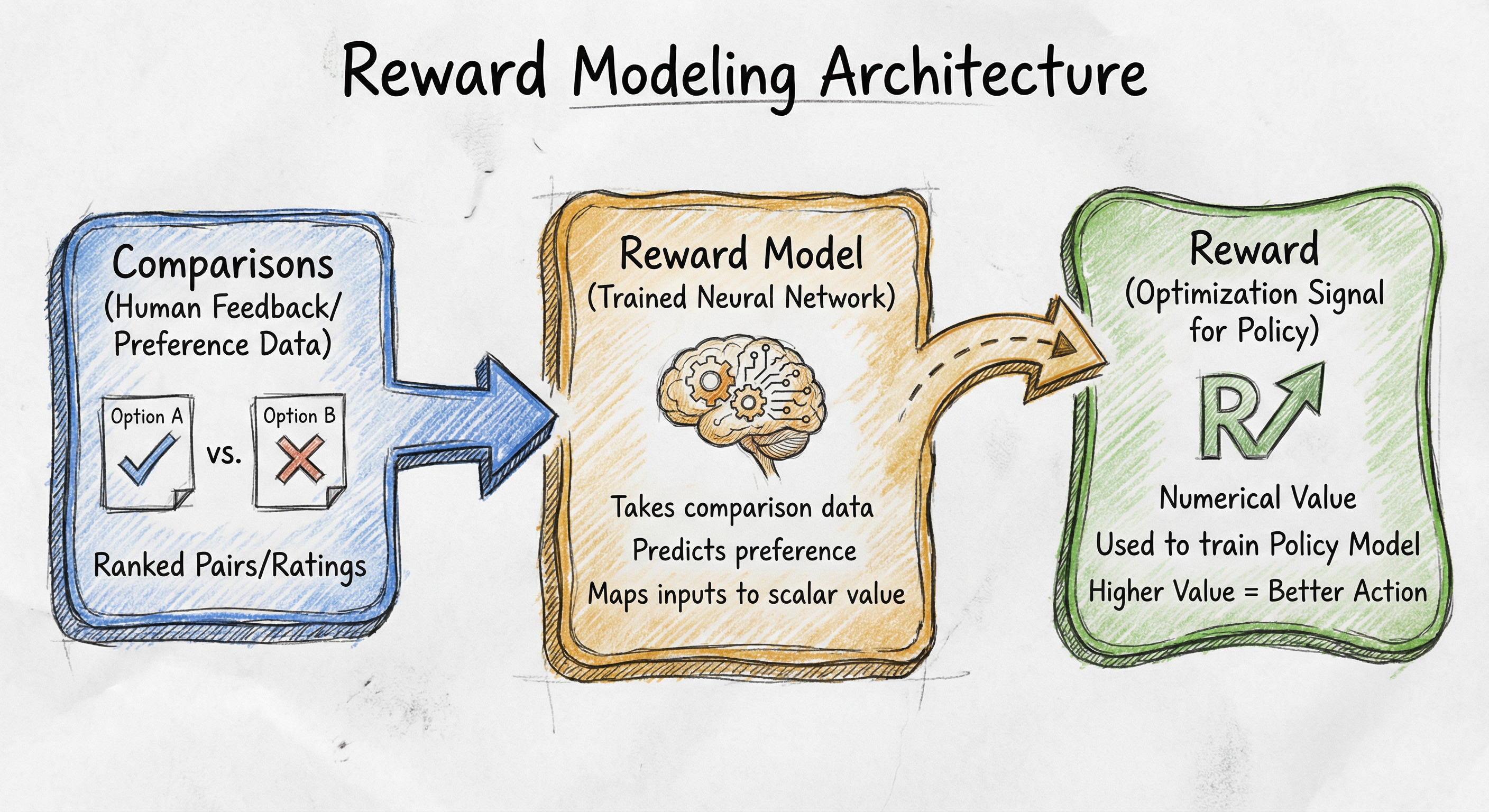 Reward Modeling in ML Systems Architecture — A directed flow showing: the SFT Model generates candidate responses which go to human annotators...